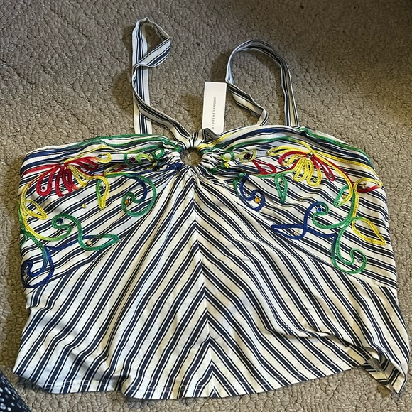 Blue and white striped cropped top with ribbon design - Picture 1 of 5